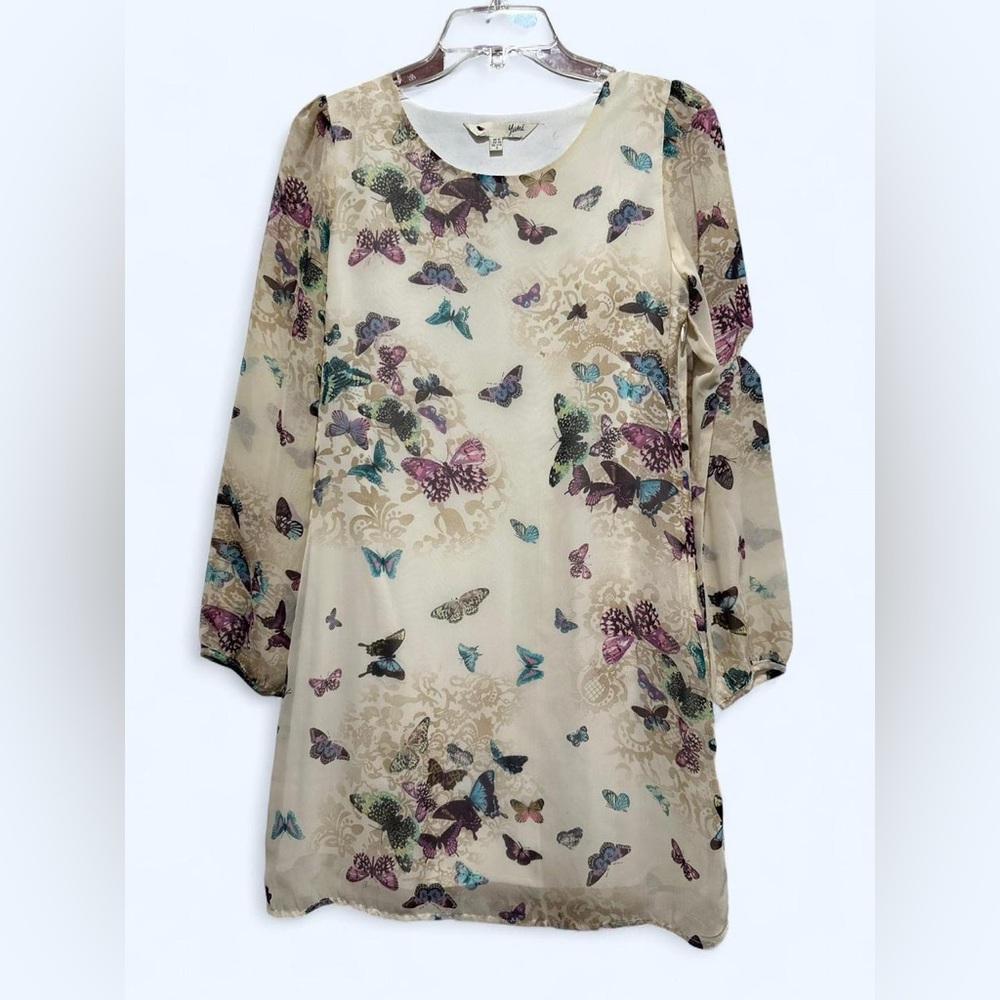 Yumi Floral Butterfly Print Long Sleeve Shift Dress S